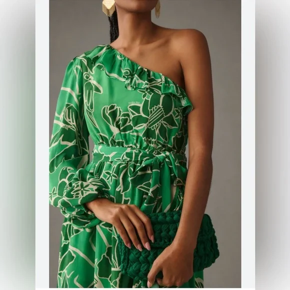 NWOT Farm Río Anthropologie Printed One-Shoulder Ruffle Dress - Women’s Size LG - Picture 2 of 8